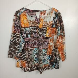 Chico’s Tribal Mixed Print Top Size 3 / XL 3/4 Sleeve Cotton Spring Boho